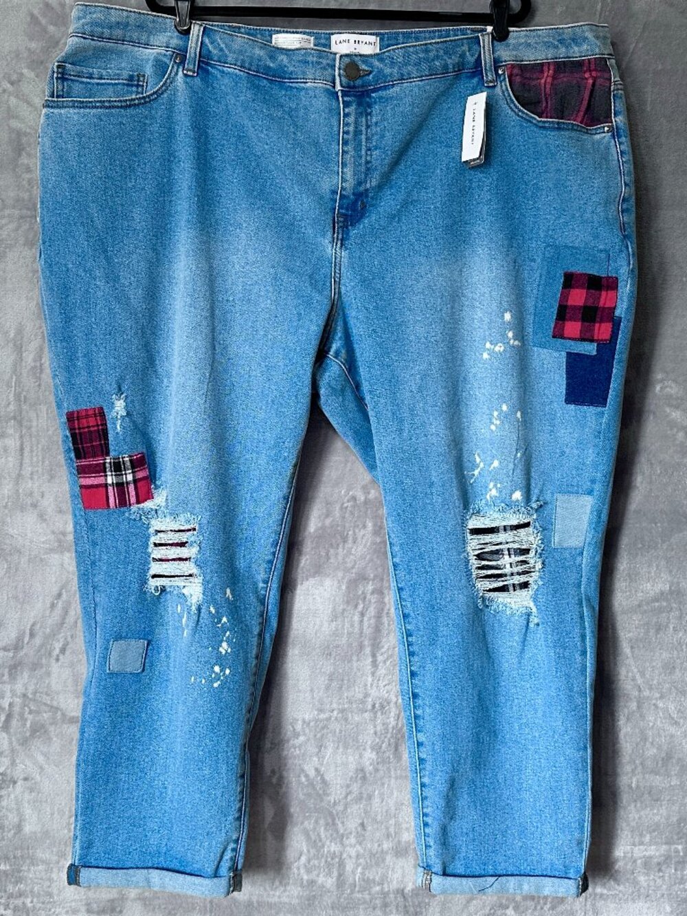 Lane Bryant 28W Boyfriend Jeans Mid Rise Flex Waist Plaid Patchwork Denim